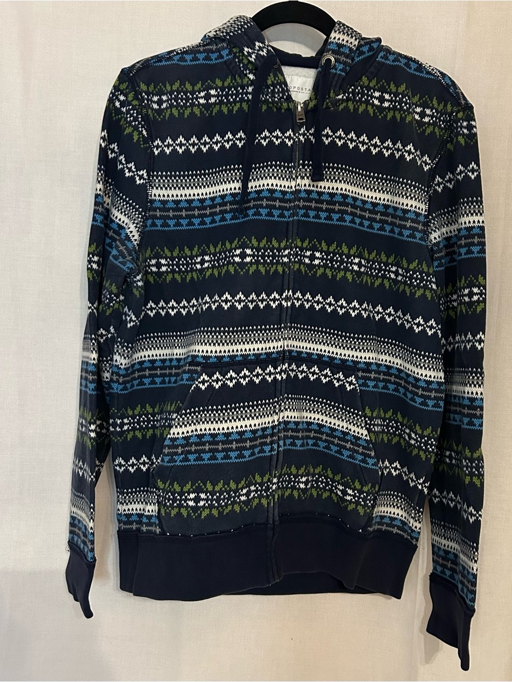 Aeropostale Navy Blue Zip-Up Hoodie with Green and Light Blue Fair Isle Pattern